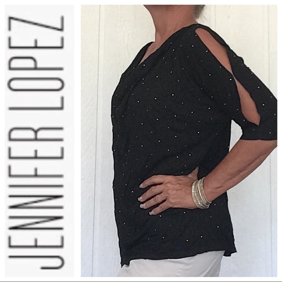 JENNIFER LOPEZ BLACK COLD SHOULDER STUDDED TOP SHIRT 1X - Picture 2 of 12